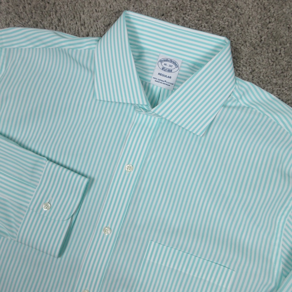 Brooks Brothers Shirt Mens L 16 32 Green Striped Regular Supima Dress Button Up